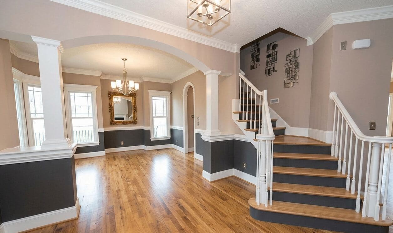 Bellevue home painted in modern gray with white trim and hardwood floors